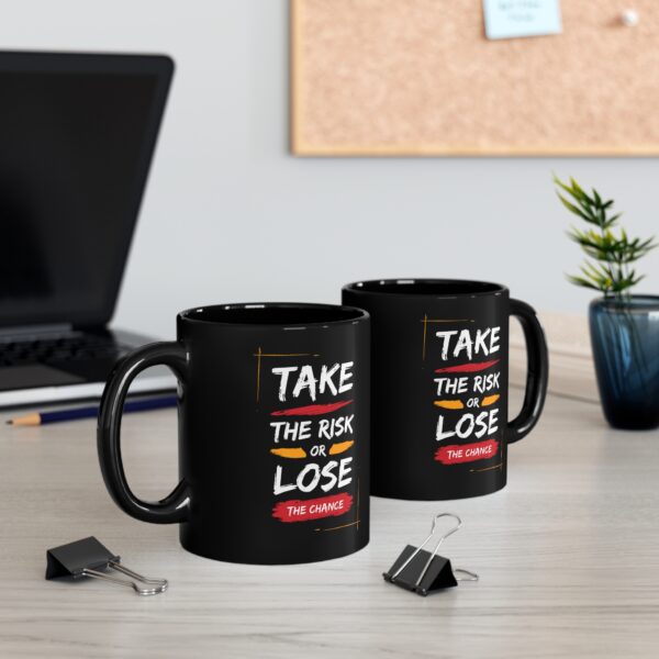 Take the risk or lose black coffee mug itamil academy