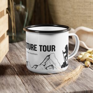 Jeswyn Adventure Tour Stainless Steel Enamel Mug, 350 ml, Motivational Quote, Camping, Outdoor, Adventure - Ideal for Hot and Cold Drinks